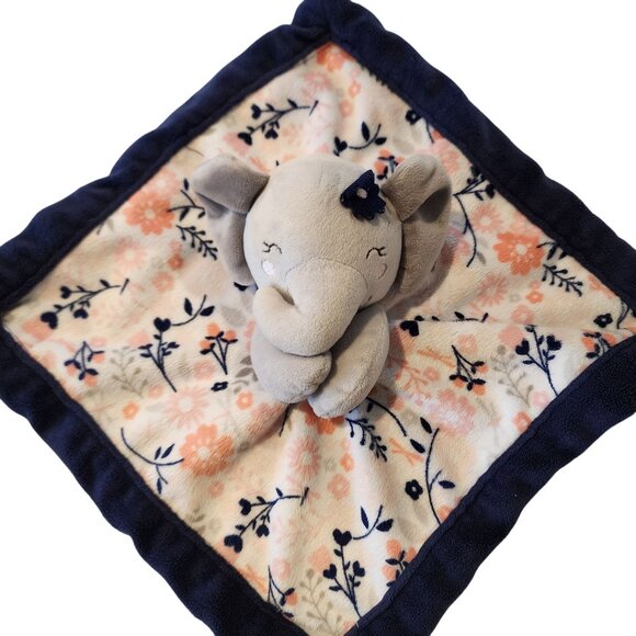Lullaby Lane Elephant Security Blanket Plush Lovey Floral Print Navy & Cream - Picture 1 of 3
